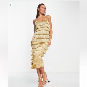 ASOS DESIGN tiered midi fringed dress with cross back detail in gold